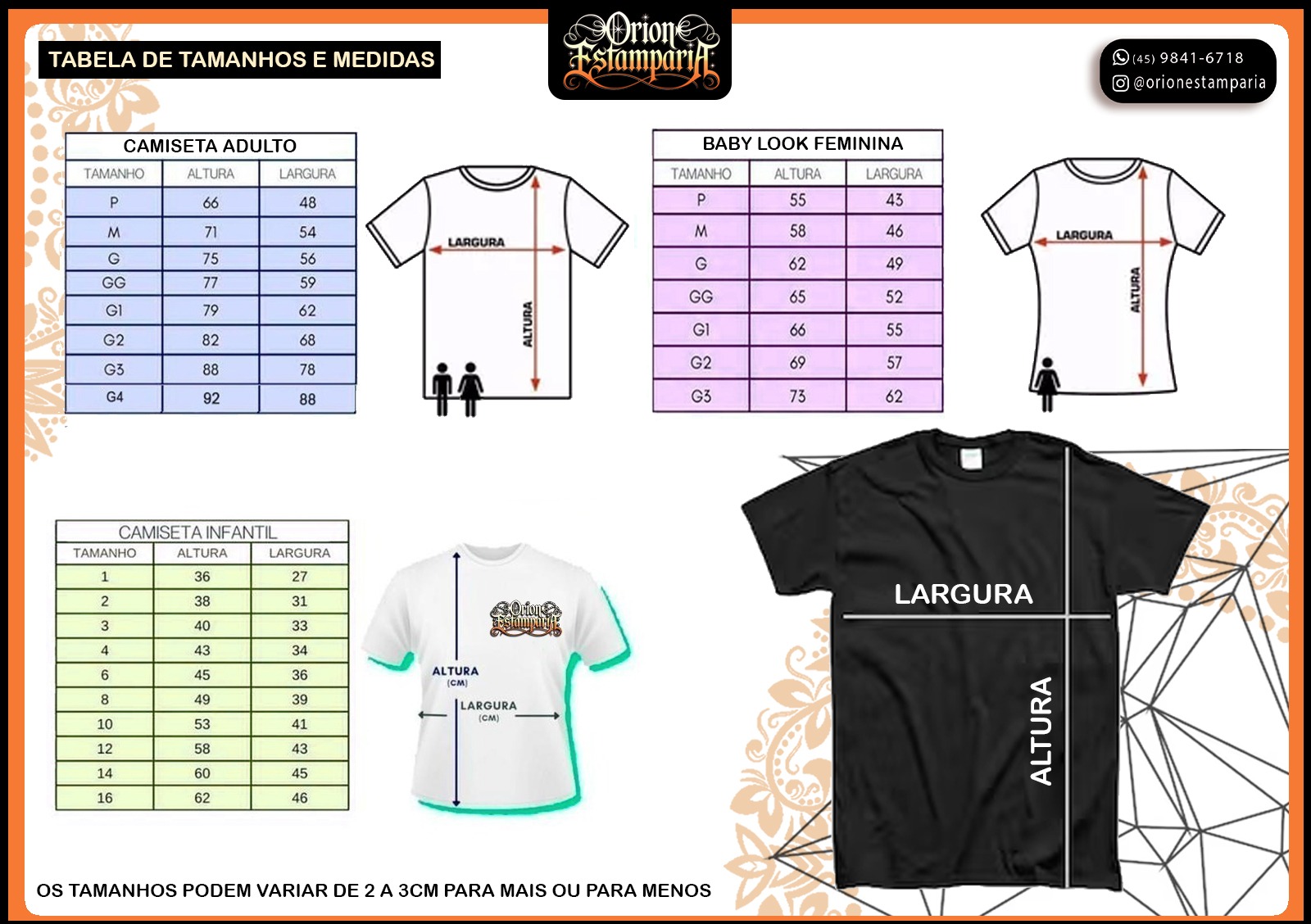 Tabela de medidas das modelagens tradicional, baby look e infantil