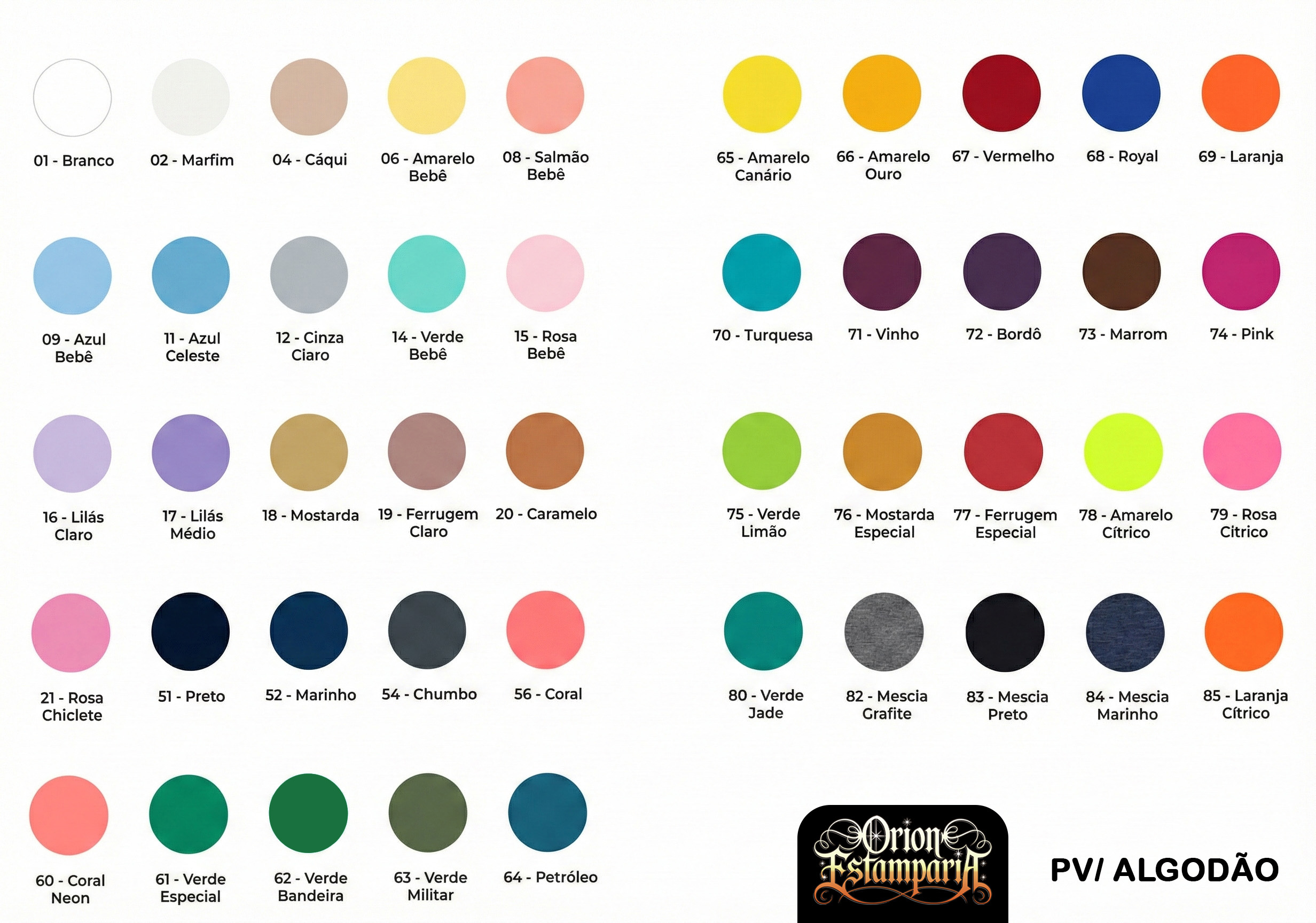 Tabela completa de cores disponíveis para camisetas PV