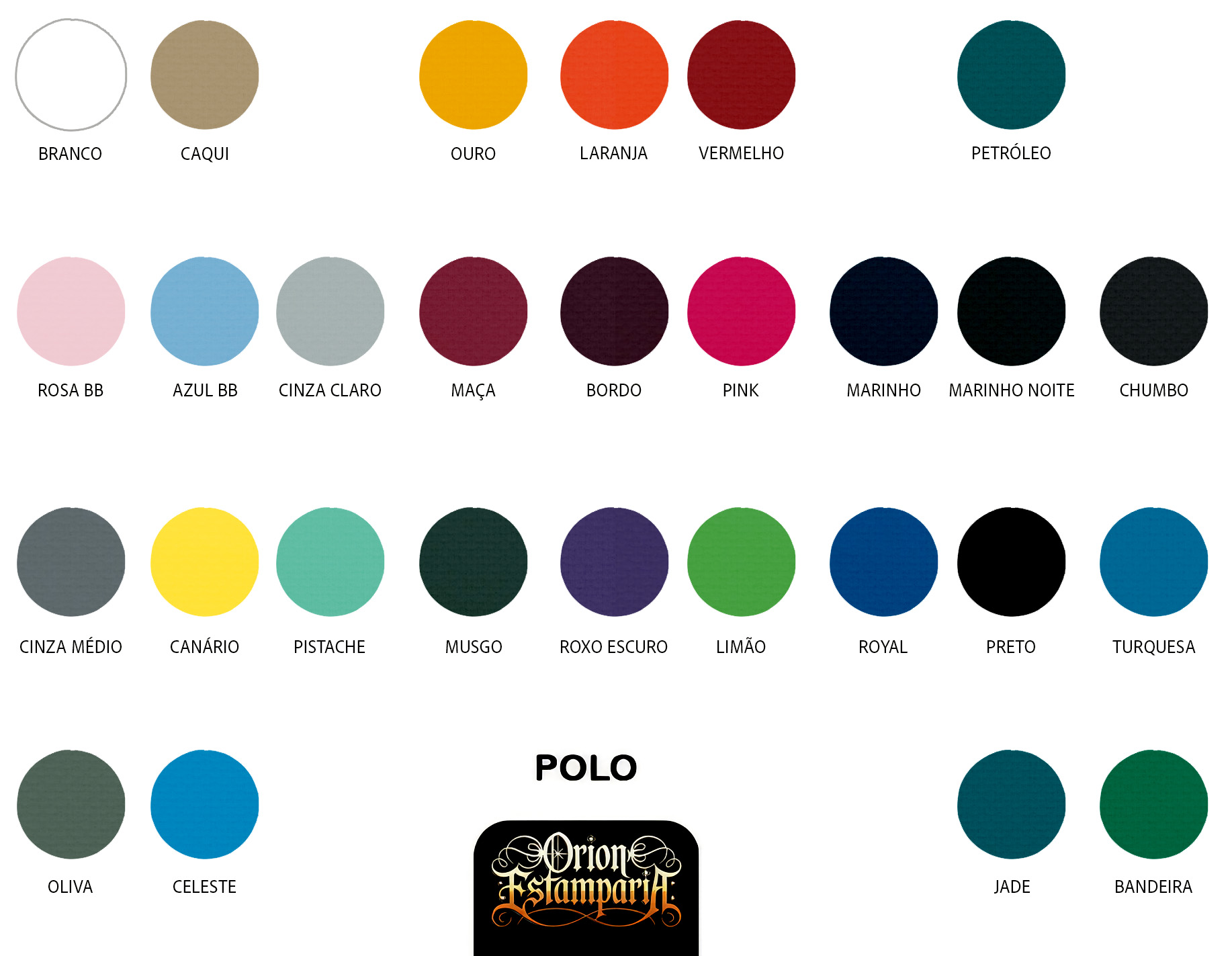 Tabela de cores disponíveis para camisetas Polo Piquet