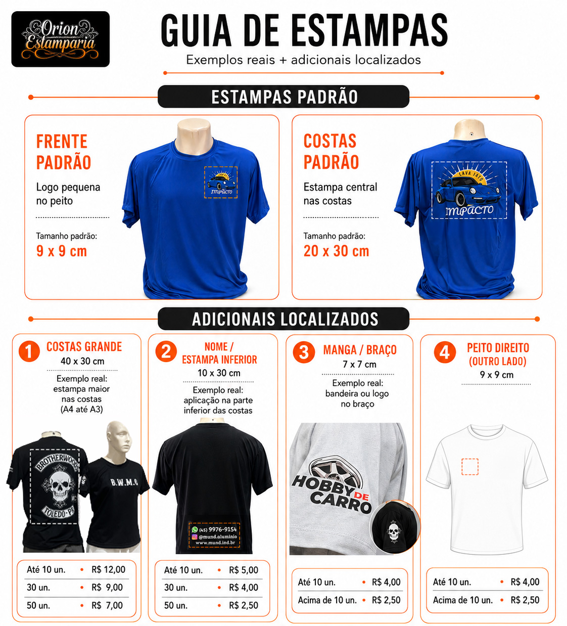 Guia de estampas padrão e adicionais localizados com tamanhos e valores